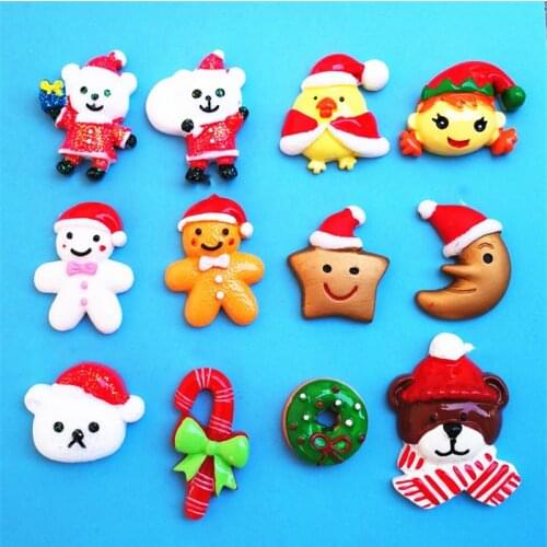 Kawaii Resin Cabochons Cute Flatback Christmas Snowman Star Moon Bear Santa Clause Tree Candy Cane Patch sticker Clay DIY 10pcs