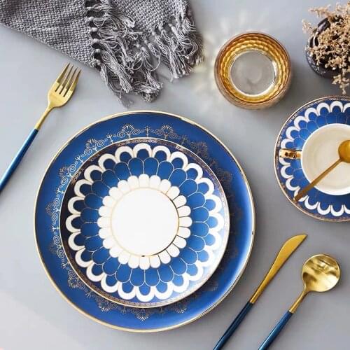 8/10 Inch Luxury Gold Inlay Blue Pink Ceramic Dinner Plates Dessert Plate Cake Dish Dinnerware Set Dropship Wholesale
