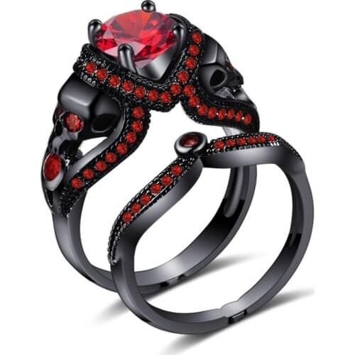 Skull Ring For Women Punk Style Jewelry Charm Black Round Cubic Zirconia Ring Sets