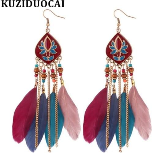 Kuziduocai New Fashion Jewelry Bohe Natural Feather Droplet Chain Tassel Beaded Statement Drop Earrings For Women Brincos A-236