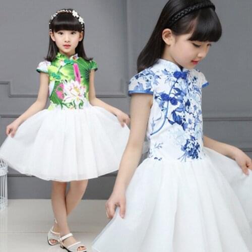 Chinese Style Girls Summer Evening Party Dresses Princess Dress Girl Floral Print Clothes Kids Net Yarn Dress For Gills 6-12Year