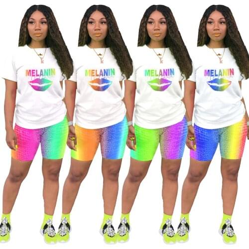 2021 latest Cute Leisure Crewneck Printing Multicolor Two-piece Shorts Suit for Womens Wear
