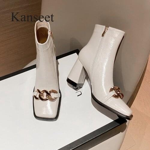 Kanseet Autumn Winter New Square Toe Womens Ankle Boots Metal Chain Decoration Cow Leather Thick High Heels Female Short Boots