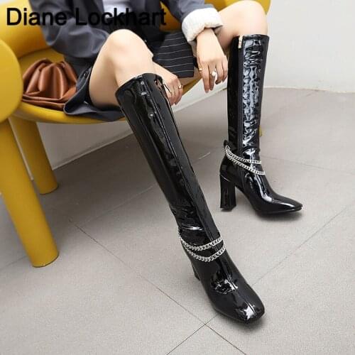 New Women‘s’ High Knee Boots Patent Leather Knee High Boots Women Waterproof Party Fetish heels Boot Womens Shoes Autumn Winter