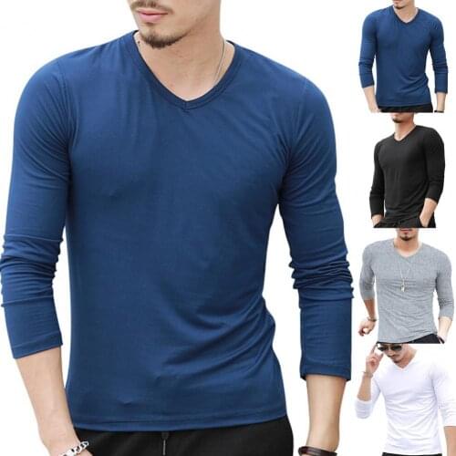 Long Sleeve Slim and Fit Men T-shirt Shrink-resistant Solid Color V Neck Bottoming Shirt Pullover Top