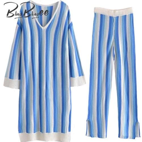 BlingBlingee 2021 Za Autumn Woman Casual Knit Suits Traf Midi Dress + Straight Pants Blue Striped 2 Piece Sets Female Outfits