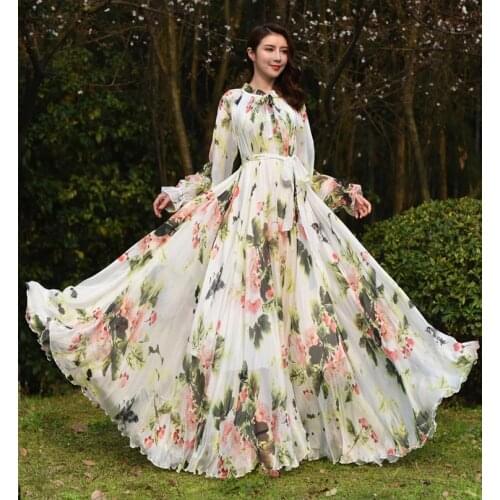 Long Sleeve Floral Print Plus Size Bohemia Beach Maxi Dress Summer Casual Loose Dresses New graduation Lightweight Sexy Chiffon