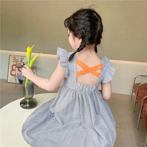 Girls Cross Backless Dress 2021 Summer New Lovely Sweet Cotton Stripe Flying Sleeve Baby Girl Korean Fashion Princess Dress