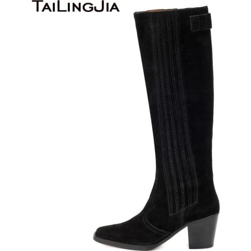 Knee High Texas Boots Block Heel Cowboy Boots For Women 2019 Black Western Woman Long Tall Boot Ladies Square Toe Winter Shoes