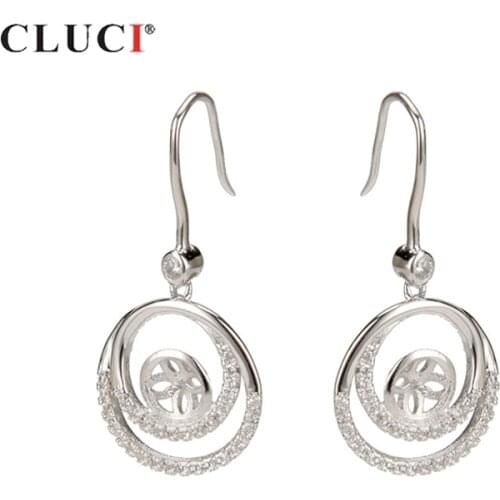 CLUCI 925 Sterling Silver Earrings Bijoux Shining Round Women Pearl Earrings Mounting Silver 925 Zircon Drop Earrings SE021SB