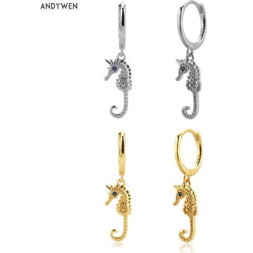 ANDYWEN 925 Sterling Silver Seahorse Drop Earring Piercing Pendiente Luxury Women Statement Luxury New 2020 Rock Punk Jewelry