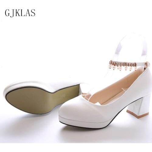 Platform High Heels 5 Cm New Cosy Dress Woman Pumps Pearl Wedding Shoes for Women Chunky Heels Leather Office Shoes Women Heel