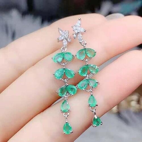 Natural Colombian Emerald Gemstone S925 Sterling Silver Long Earrings Fine Fashion Weddings Jewelry For Women MeiBaPJFS