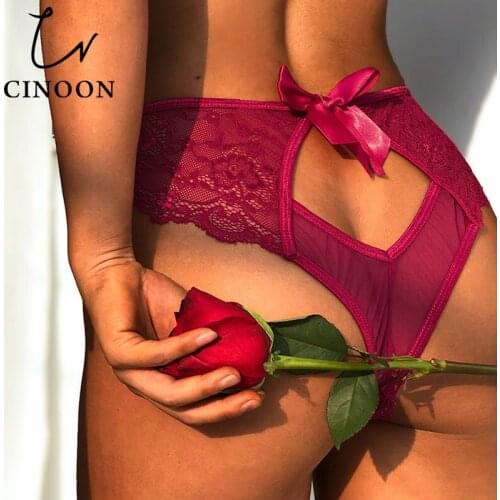 CINOON Women Sexy Panties G String Lace Hollow Out Lingerie Femal Hot Sale Briefs Amazing Underwear Bow Transparent Knickers M L