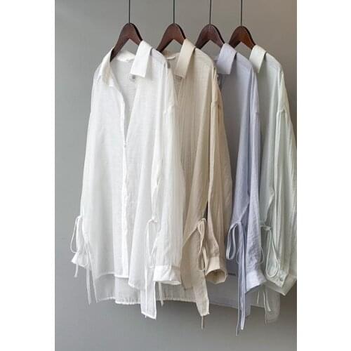 2021 Harajuku Long sleeve Long Cardigan Women Loose Blouses Chiffon Shirt Female Sun Protection Thin Split lacing white shirts