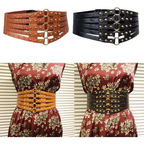 Ladies Retro Gothic Stretch Rivets Metal Hoops Waist Belt Hollow Wide Leather Corset Dress Waistband
