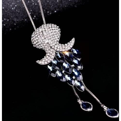 Women Long Necklace Fashion Blue Crystal Choker Necklaces & Pendants Korean Sweater Chain Accessories Collier Femme