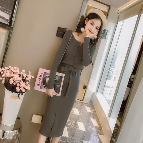 Casual Round neck women knitted dress Autumn winter long sleeve button dress High street style female sweater dress