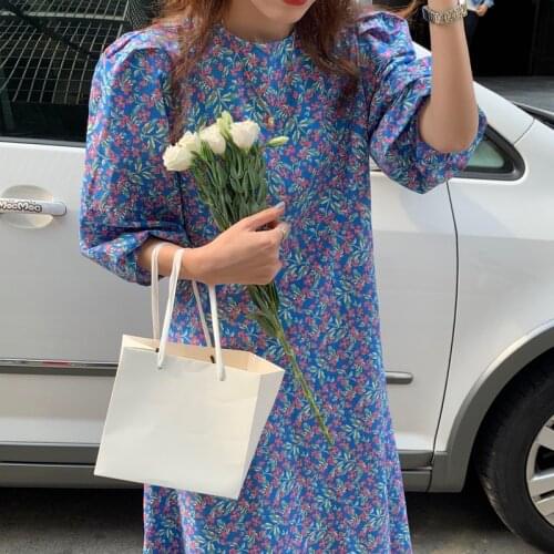 Women Long Dress Vintage Floral Print Dress Summer 2021 New Korean Puff Sleeve Round Collar Loose Casual Dress Vestido 14904