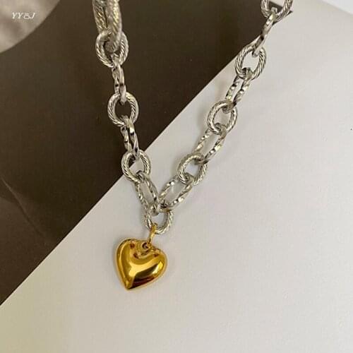 Gold heart pendant chunky chain necklaces for women stainless steel bold chain clavicle necklace wholesale items free tarnish