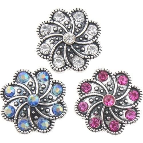 10pcs/lot New 18mm Snap Jewelry Mixed Crystal Flower Metal Rhinestone Snap Buttons Fit Snap Bracelet Bangles Necklace