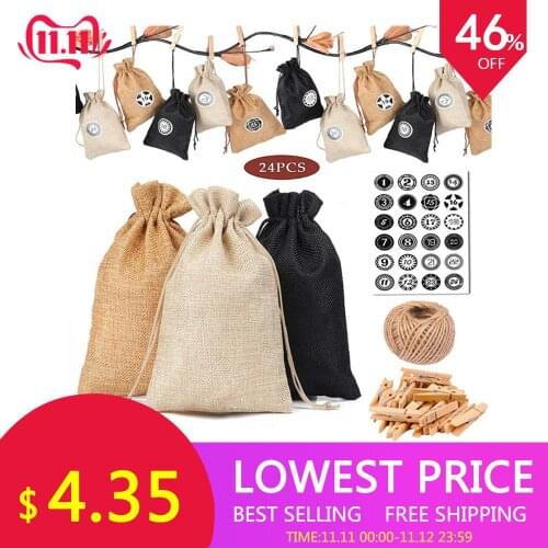 24PCS Christmas Advent Calendar Countdown Bag Hanging Candy Gift Sacks Pouch with Clips Stickers Rope Home Christmas Decoration