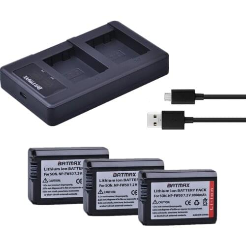 Bamtax 3Pc 2000mAh NP-FW50 NP FW50 Battery+LED Dual Charger for Sony Alpha a6500 a6300 a6000 a7S a7 a7sii a5000 a7R a7II Camera