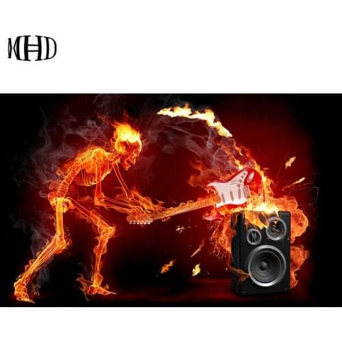 MHD 5D DIY Diamond Painting Skull Music Fire Icon Full & Round & Square Diamond Cross Stitch Mosaic Skull Guitar