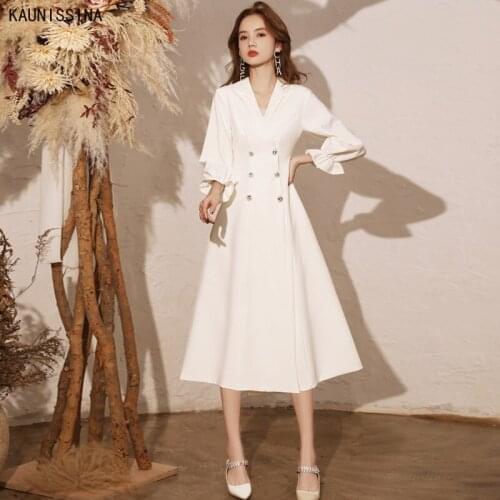 White Cocktail Dresses Elegant A-Line V-Neck Three Quarter Buttons Foral Gown Party Dress Ladies vestidos elegantes para mujer