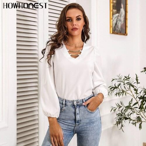 Za Womens Blouses New Fashion V-neck Chain Chiffon Lantern Sleeve Solid Casual Shirts for Woman Long Sleeve Elegant Ladies Tops