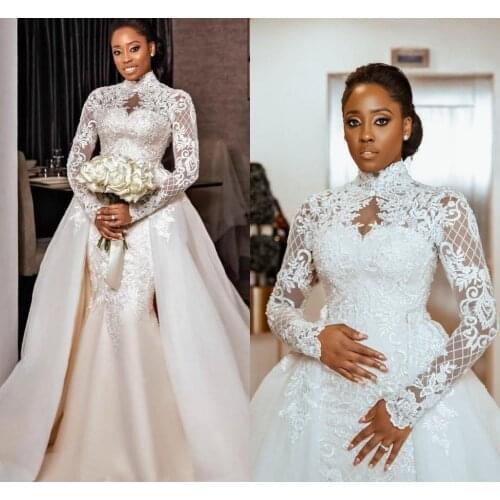 Elegant High Neck Lace Wedding Dresses With Detachable Train Mermaid Bridal Gowns Appliques Satin Wedding Dress