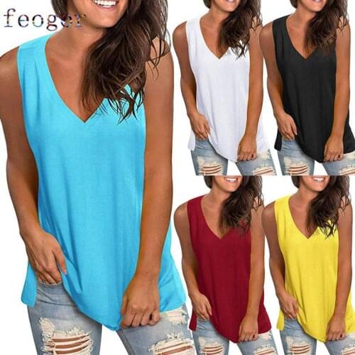 FEOGOR Short sleeve T-shirt 2021 summer new style casual womens pure color loose V-neck sleeveless T-shirt top vest women