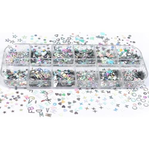 Holographic Silver Nail Glitter Sequins Laser Letter Maple Leaf Butterfly Shape Mixed Flakes DIY Nail Art Decoration Accessories