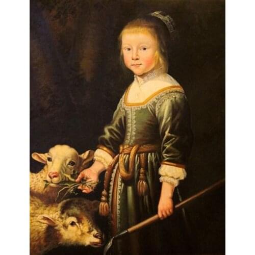 High Quality Classic Figure Art Canvas Oil Painting for Wall Decoration A Little Girl and Sheep Hand Painted
