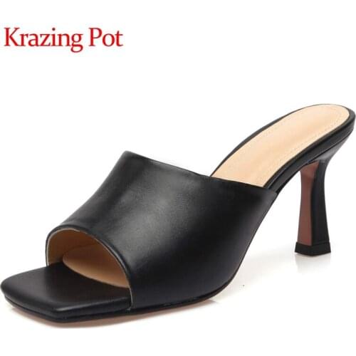 Krazing pot summer full grain leather square toe simple style high heels solid high street fashion cozy mules sandals women L7f1
