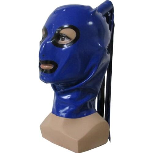 Latex Hoods Amazing Cosplay Mask Rubber Party Hood with Top Braid Pigtail Back Zip Handmade S-LM070