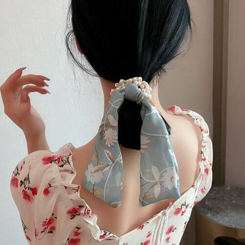 Hair Ribbons Silk Pearl Hair Rope Women Fashion Scrunchies Rabbit Ears Knotted Hair Rope Bow Ponytail Holder Hair Ring