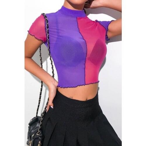 Summer Womens Casual See Through Sexy Sheer Mesh Crop Tops Short Sleeve Turtleneck Slim Spliced Color Party Clubwear T-Shirts