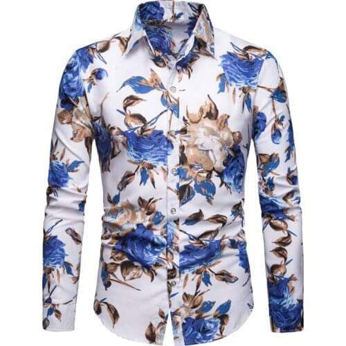 Mens Large Long Sleeve Floral Shirt Fashion Lapel Casual Loose Male Button-Down Collar Shirts