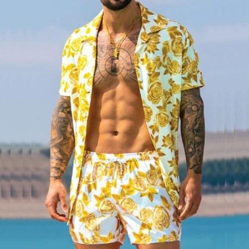 Mens Hawaiian Beach Suit Printed Shorts Shirt Two Piece Set 2021 Summer Men Short Sets
