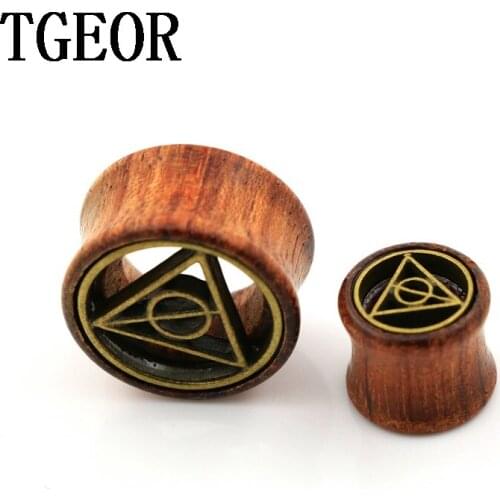 New arrive 1pair gauges original wood hole double flare with surface inlay bronze triangle ear tunnel free shipping