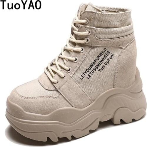 New Winter Boots Women High Platform Sneakers 9CM Height Increased Autumn Ankle Boots Thick Sole Breathable Canvas Shoes Woman
