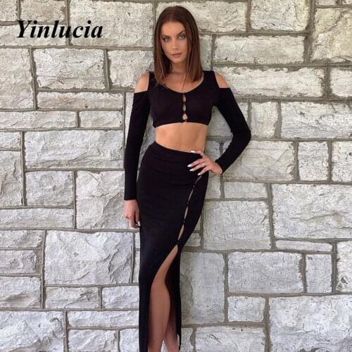 Sexy Two-piece Shoulder Hollow Long-Sleeved Navel Crop Top High Waist Slim Slit Midi Skirt Dresses Women Party Prom Bridesmaid