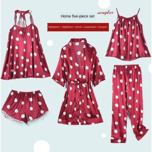 5 Pieces Pajamas Set Sexy Fake Silk Pijama Elegant Women Pajamas Dot Shorts Sleeve Top Elastic Waist Pants Lounge Sleepwear Set