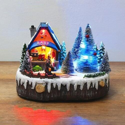 Christmas Decoration Resin Rotating Luminous Music Snow Scene Cabin Ornaments Christmas Decorations For Home New Year Xmas Gift