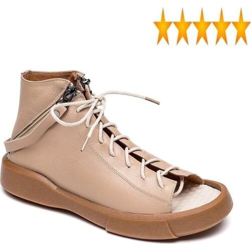New Women High Top Summer Peep Toe Lace Up Flats Shoes Ladies Casual Genuine Leather Sandals Footwear Vintage Gladiator