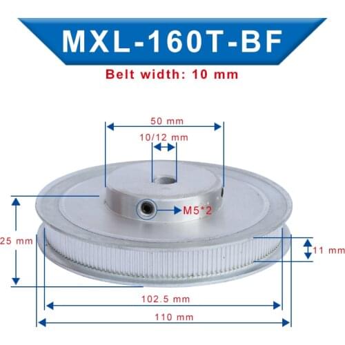 MXL-160T Timing Pulley Bore size 10/12 mm Pulley Wheel Slot Width 11 mm Match with Width 10 mm MXL-Timing belt For 3D Printers