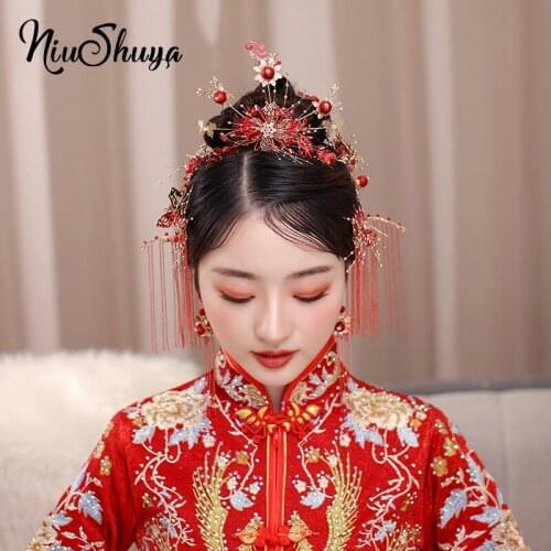 NiuShuya Chinese Handmade Vintage Hair Clip Ancient Wedding Red Bridal Hairpins Gold Tassel Tiara Women Jewelry Hair Accessories