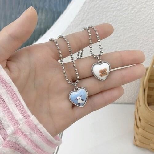 U-Magical Sweet Cute Love Heart Pendant Necklace for Women Blue White Bear Bunny Round Bead Chain Metal Party Necklace Jewellery