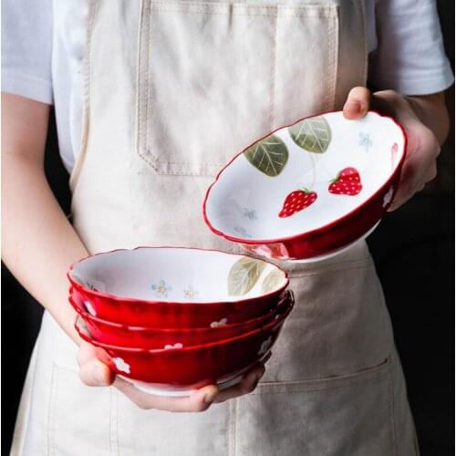 WSHYUFEI 6Inch Strawberry Ceramic Salad Bowls Dessert Bowl Soup Noodle Bowl Heat Resistant Microwave
